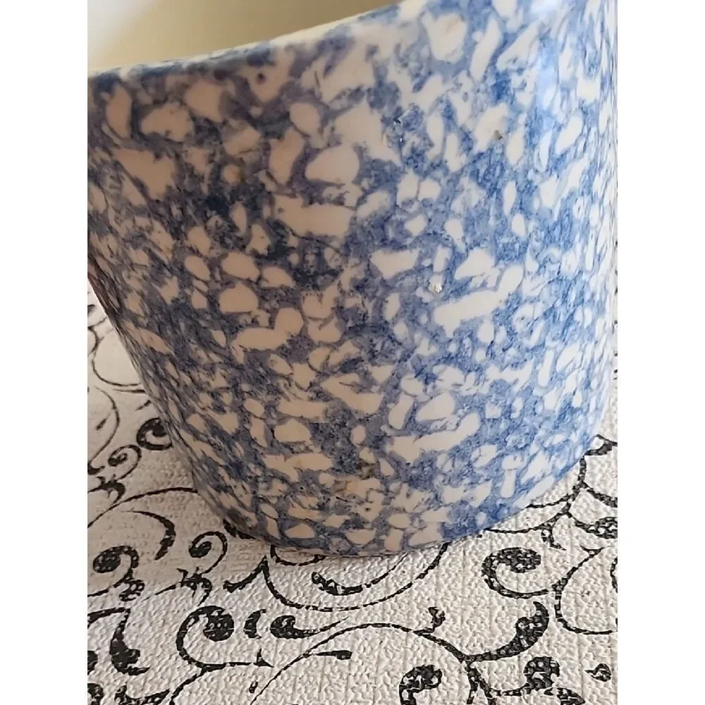 Blue and White Spongeware Canister with Wooden Lid
